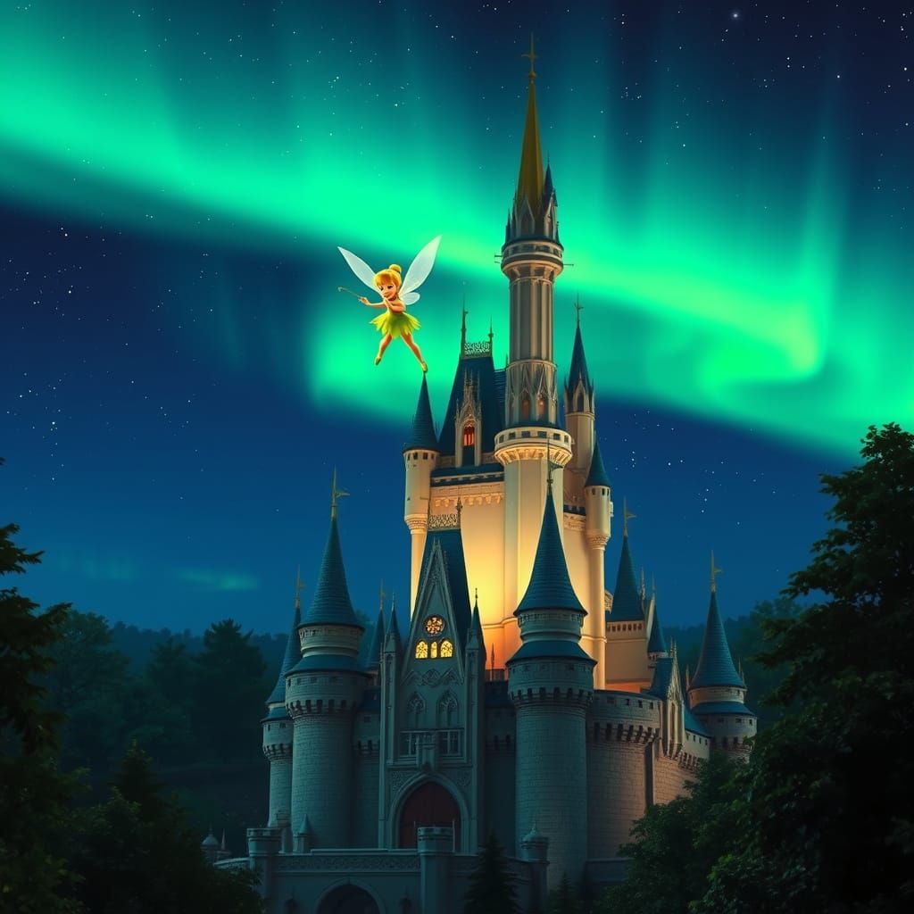 Disney Castle with Northern Lights and Tinkerbell