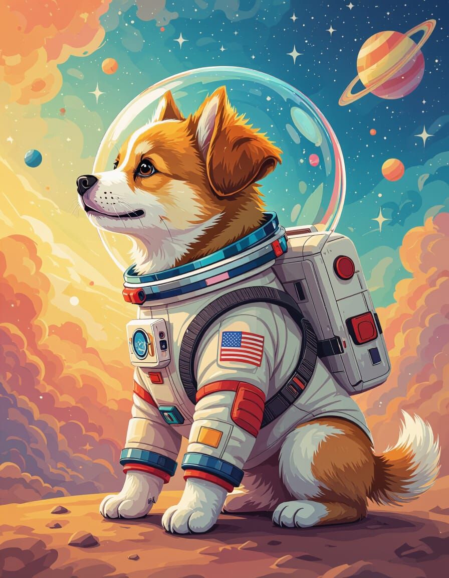 Dog in Spacesuit Whimsical Digital Illustration