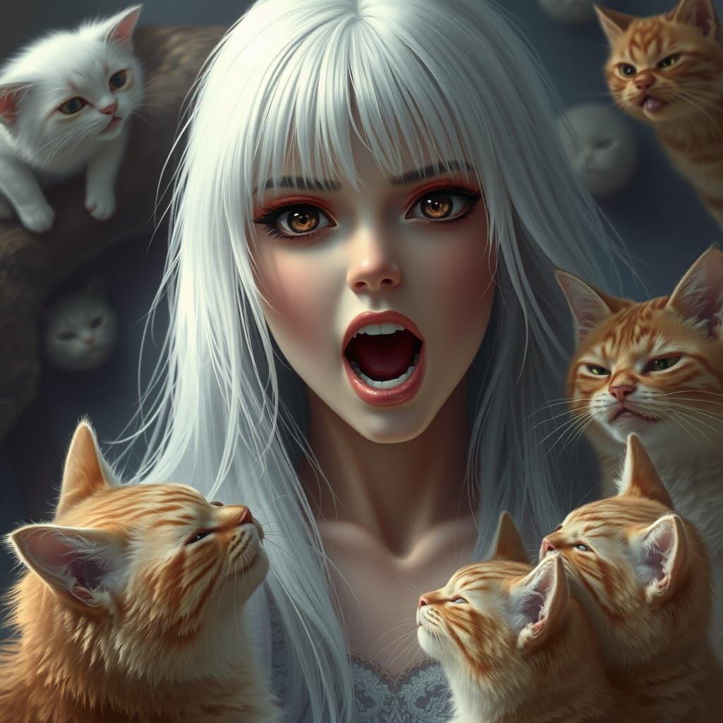 Ethereal Fantasy Female Surrounded by Cats in a Haunting 3D ...