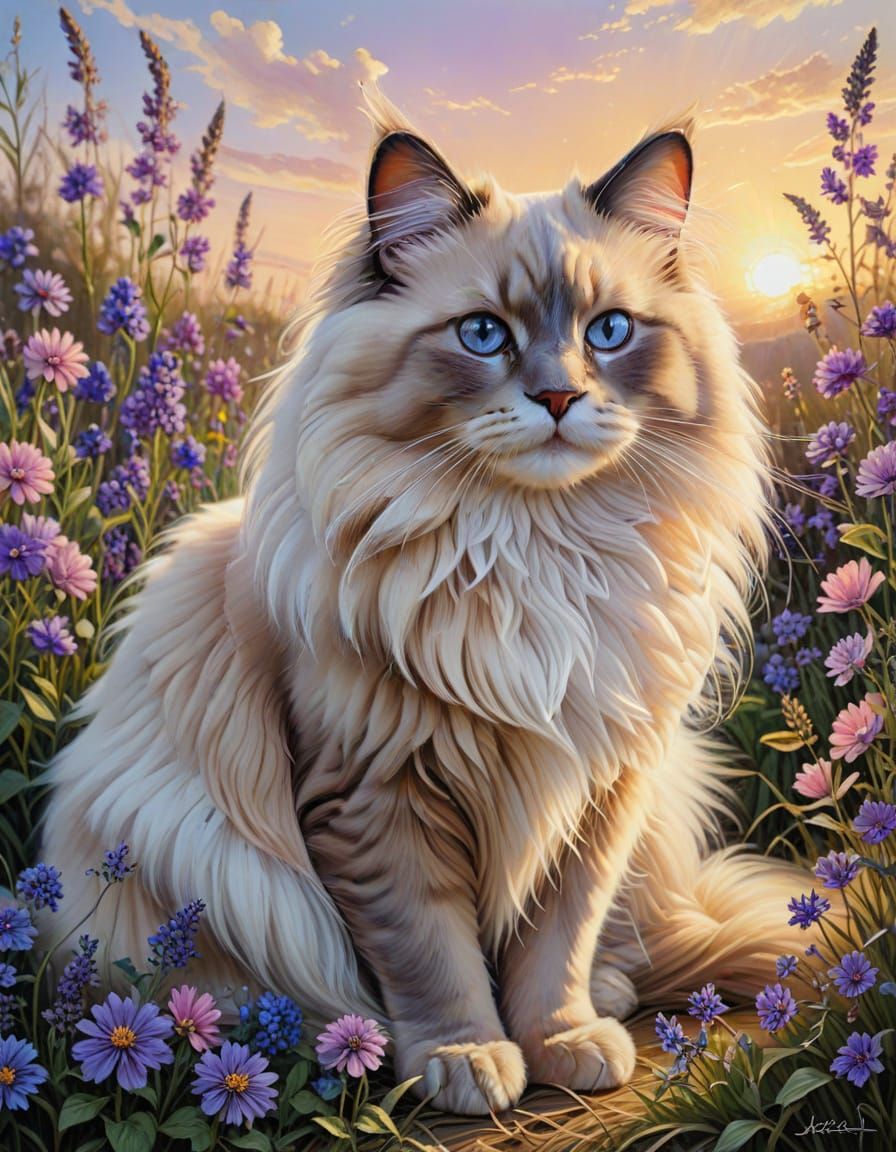 Ragdoll Cat in a Flower Field: Detailed Oil Painting