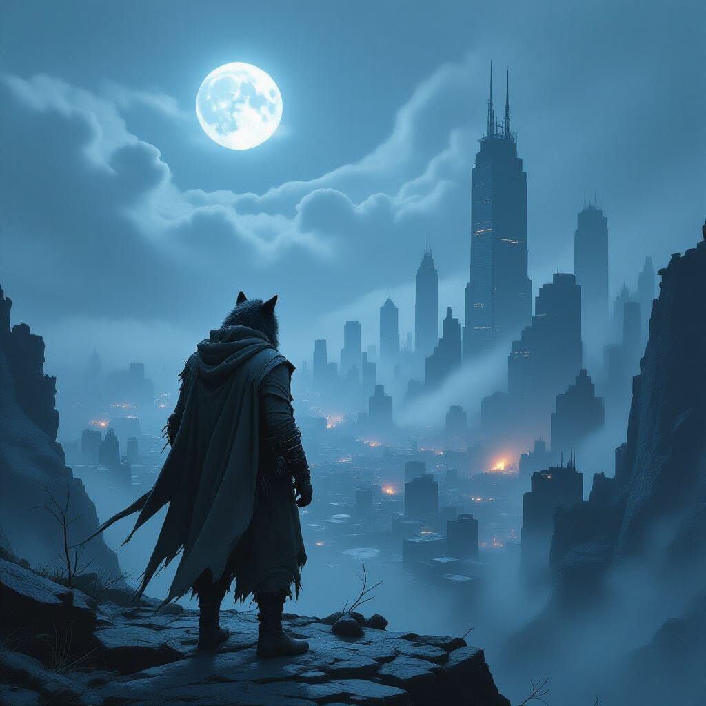 Werewolf Overlooking Ruined City in Dark Fantasy Style