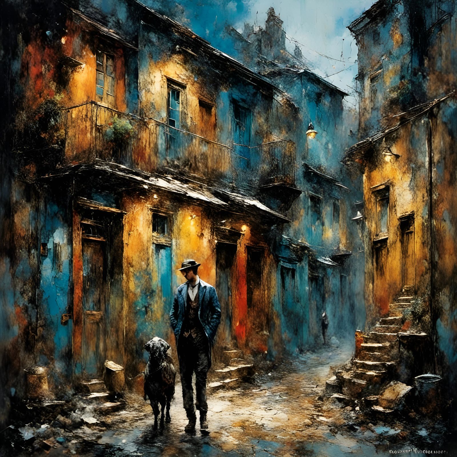 Man in Dark Alley: Expressionist Impasto Oil Painting