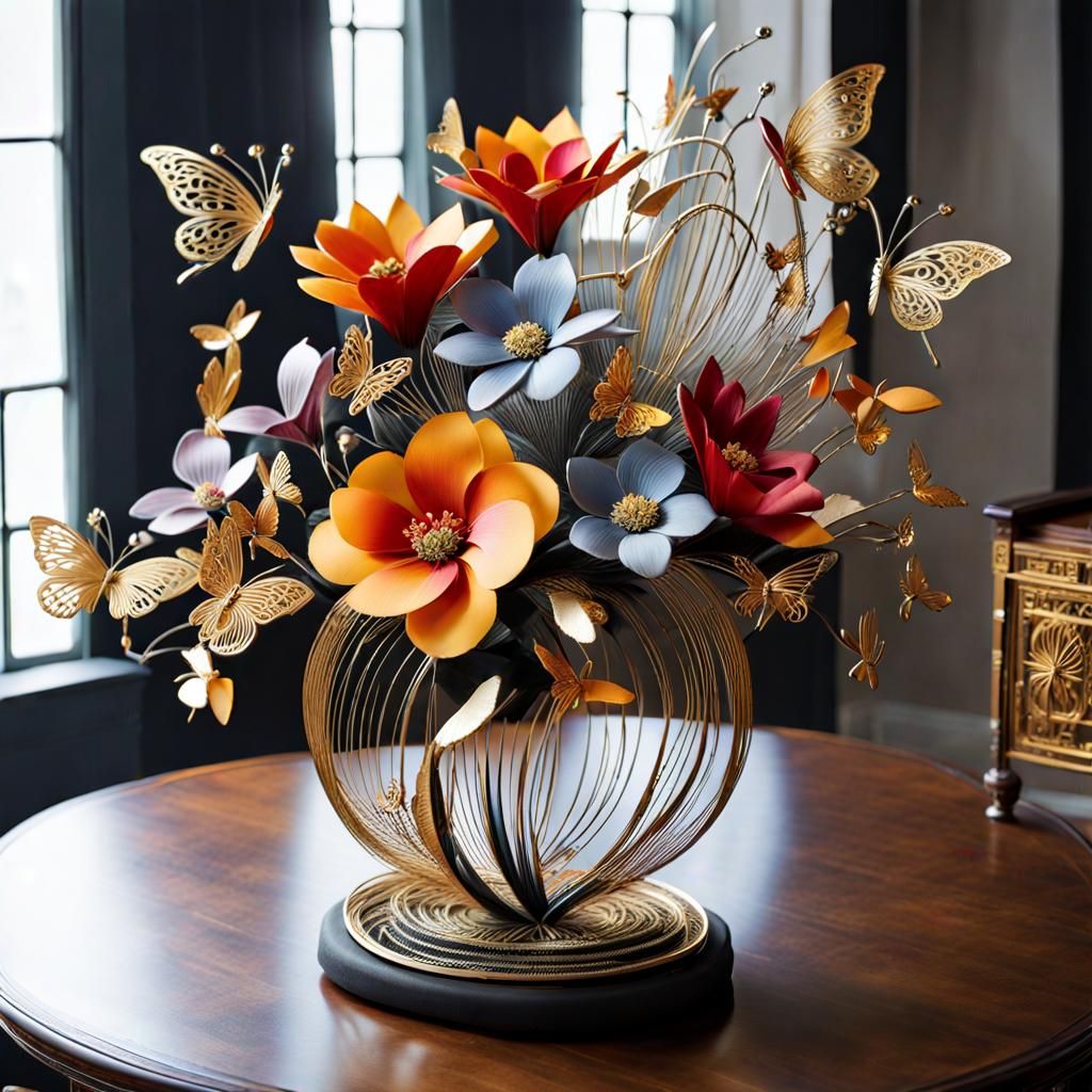 Golden Metal Flower Bouquet: Filigree Line Art