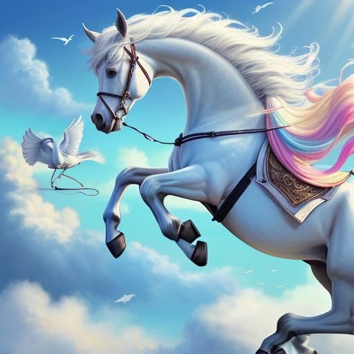 Seven Rainbow Horses Galloping in Dreamlike Sky