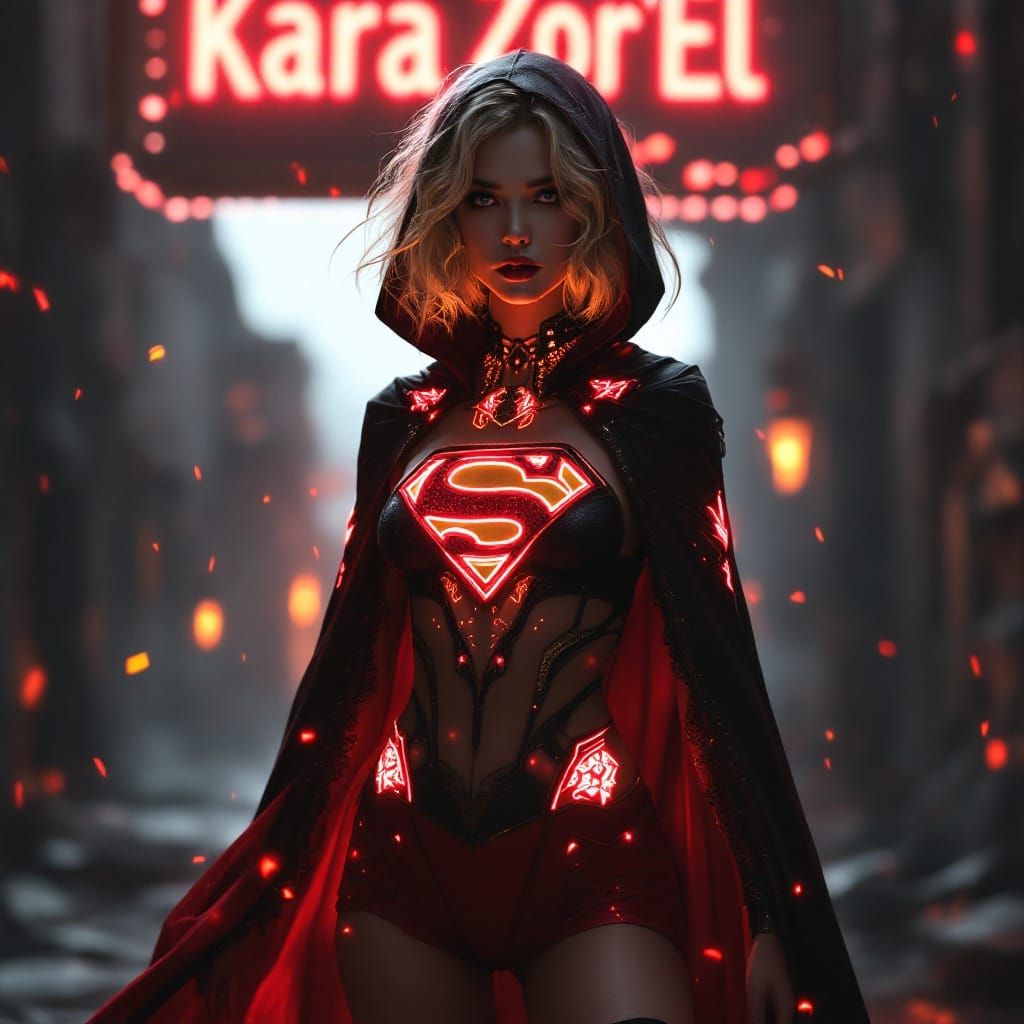 Goth Supergirl in Red Mini Dress, Black Hooded Cloak, and Su...