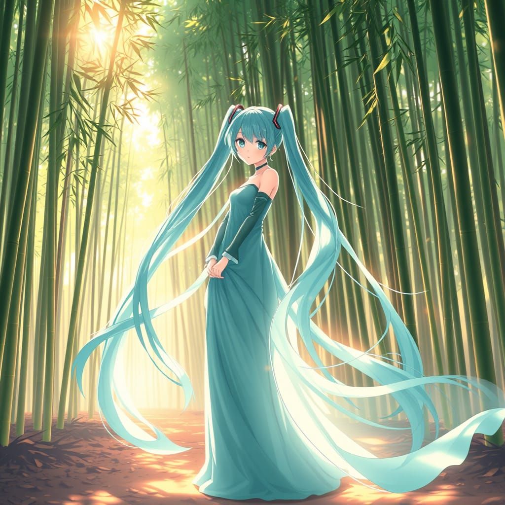 Hatsune Miku in Bamboo Forest, Ethereal Digital Art