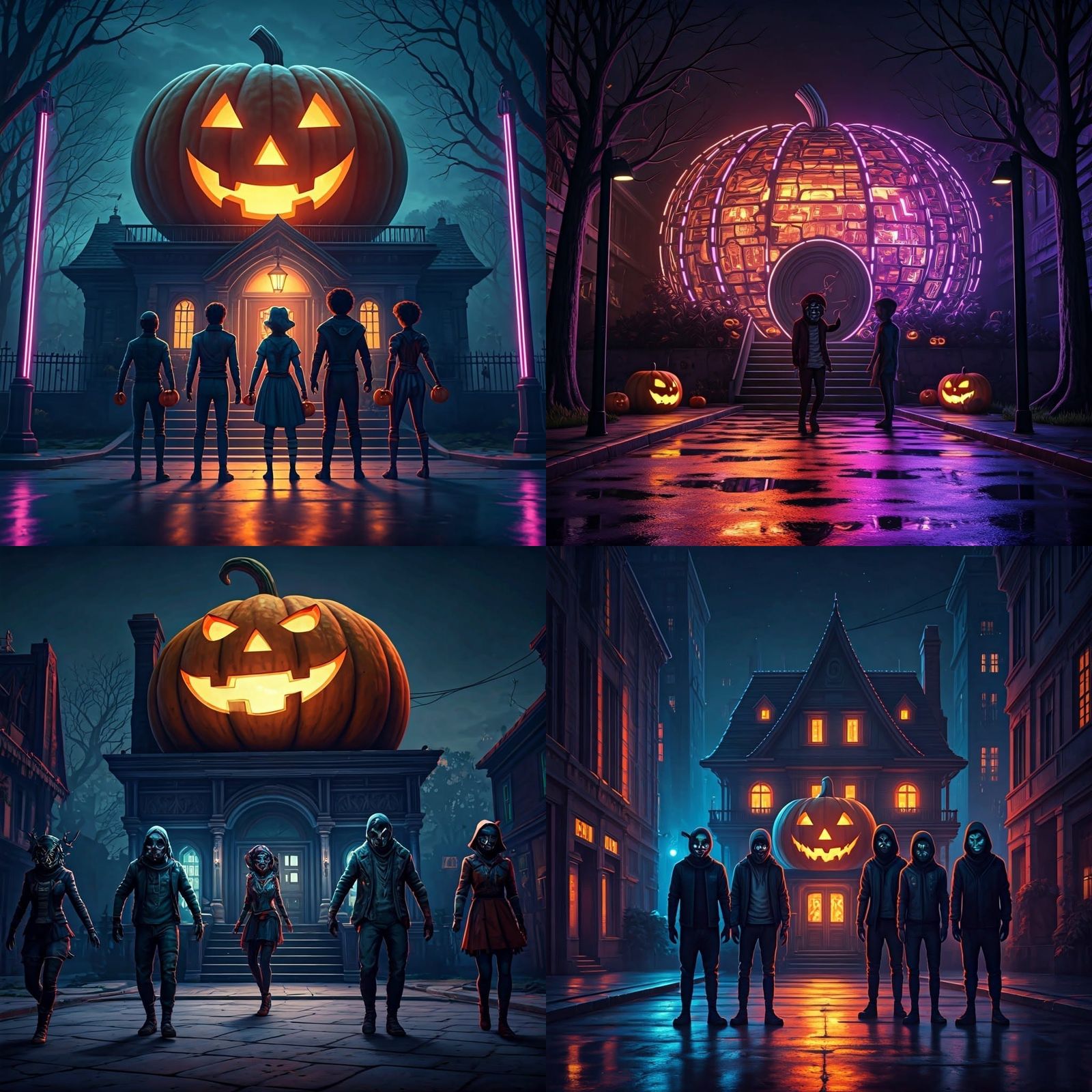 Halloween Night: Masked Teens in a Neon Future