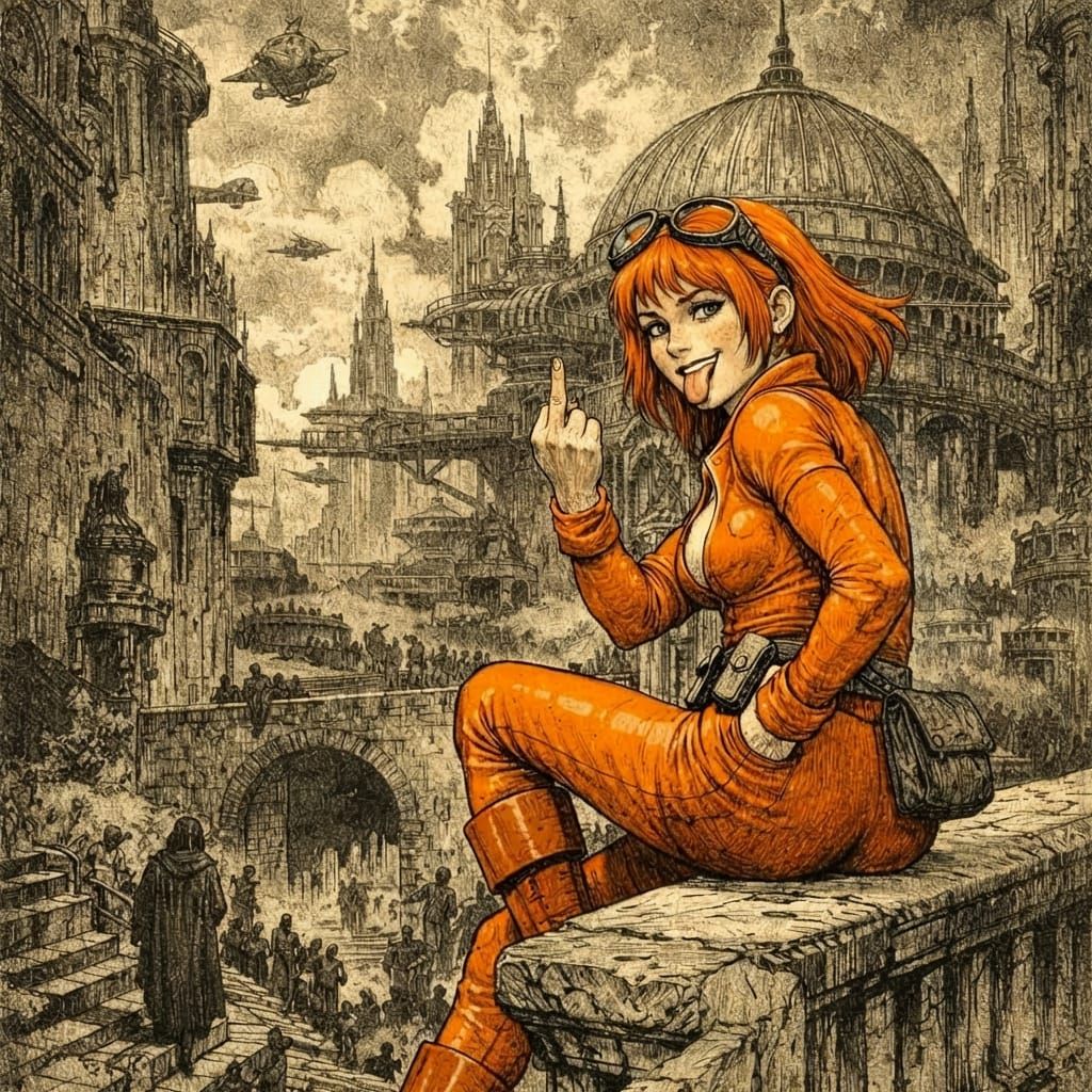 Futuristic Cityscape with Orange Figure in Moebius Style
