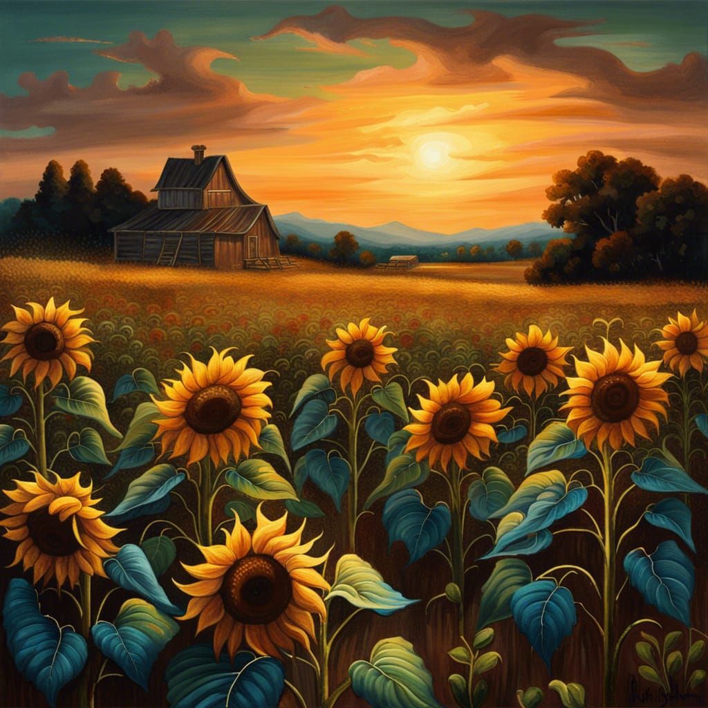 Epic Fantasy Painting of Sunflowers at Sunset