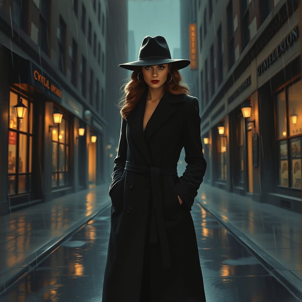 Film Noir Woman in Rainy City Alley