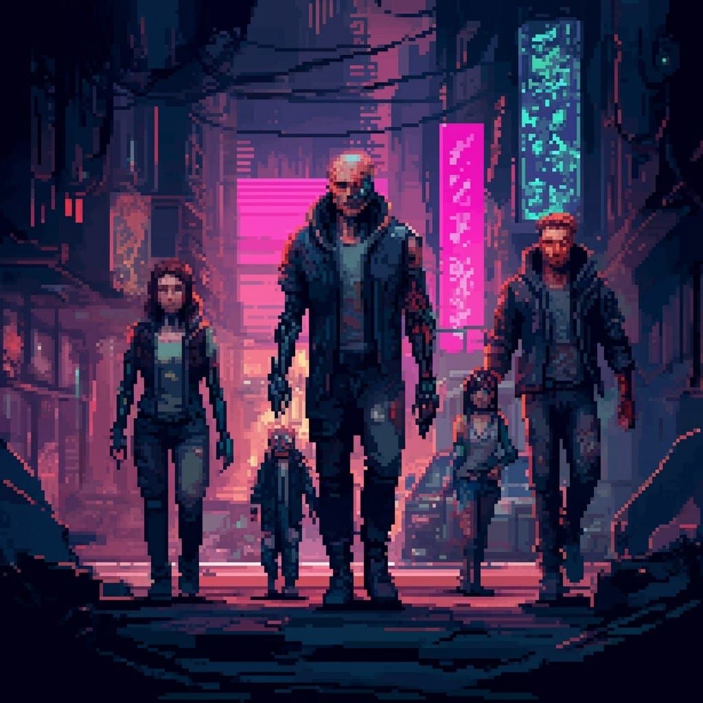 Cyberpunk Survivors in Neon Pixel Cityscape