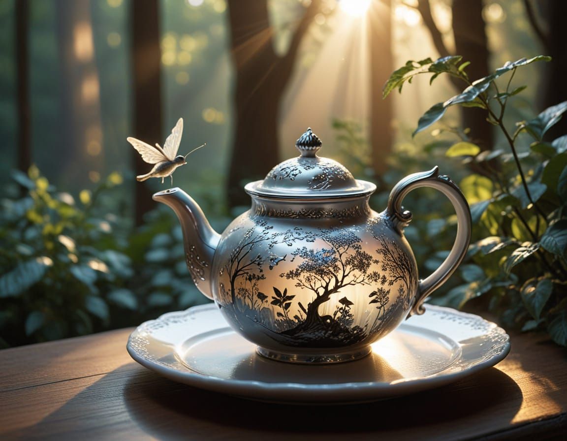Baroque Teapot with Fairies in Miniature Forest