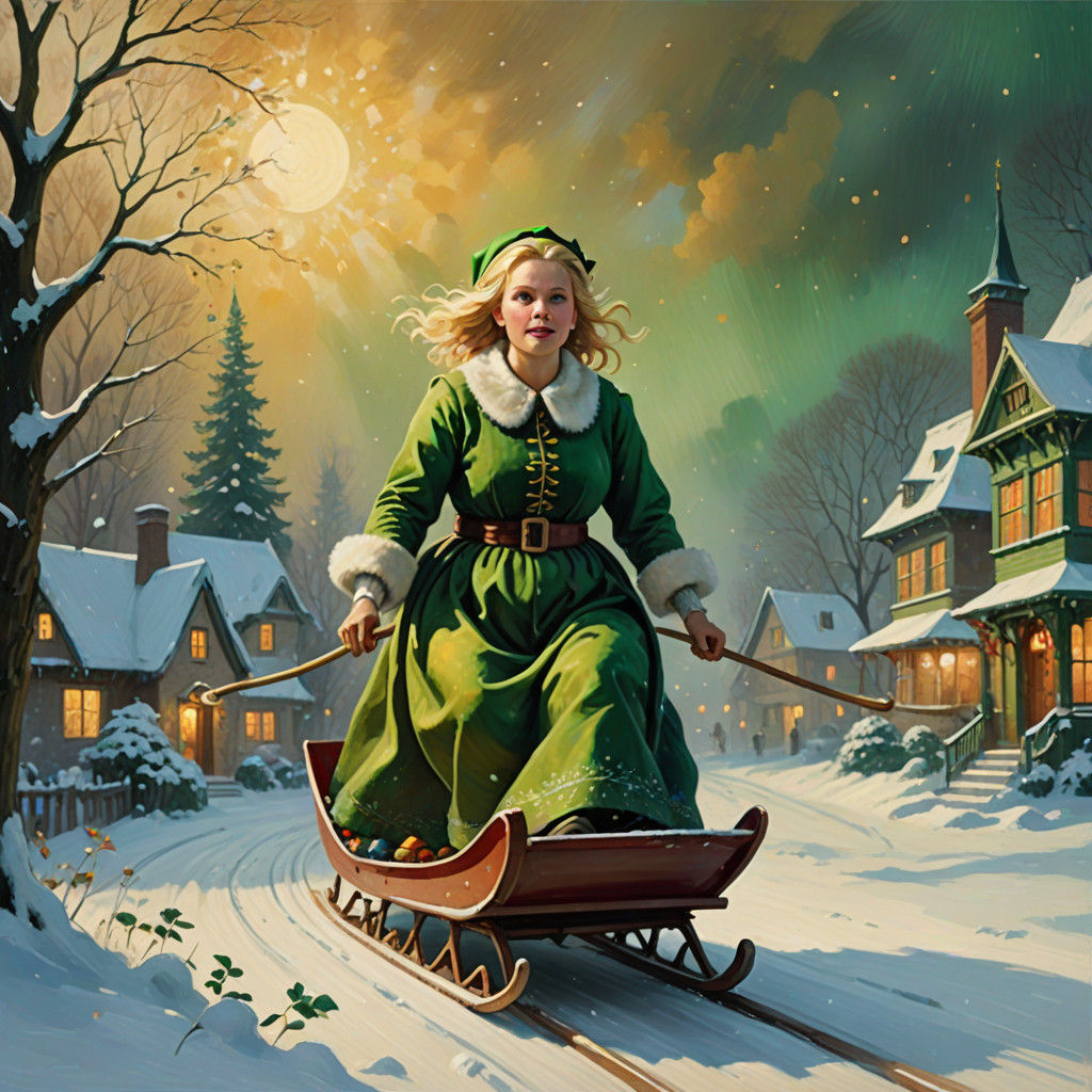 Winter Wonderland Scene in Whimsical Oil Painting Style