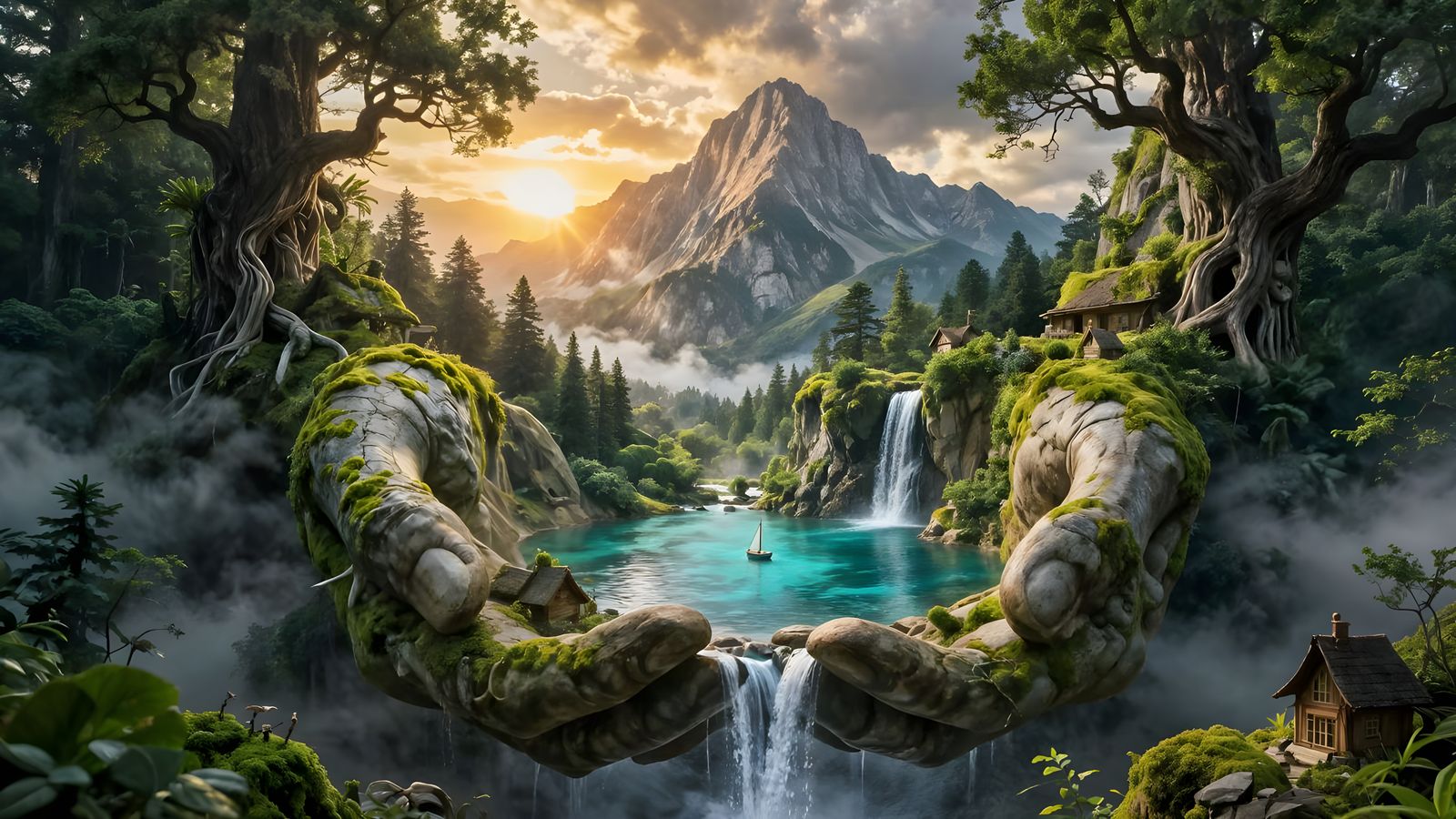 Fantasy Landscape Held in Giant Stone Hands at Sunrise