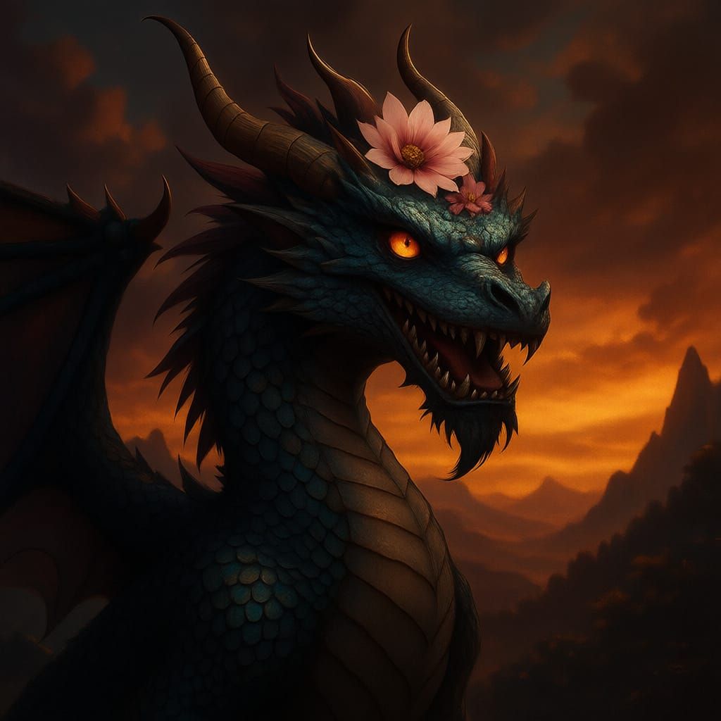 Fantasy Dragon Adorned with a Flower