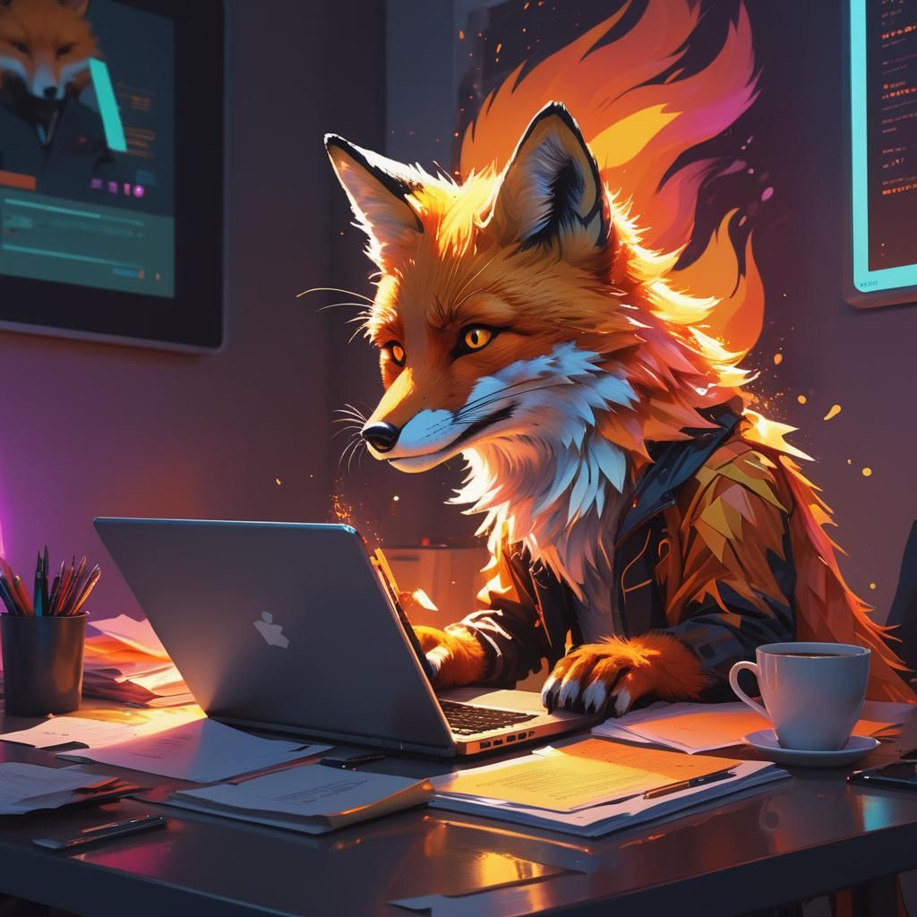 Fox in Futuristic Office: Neon Digital Art