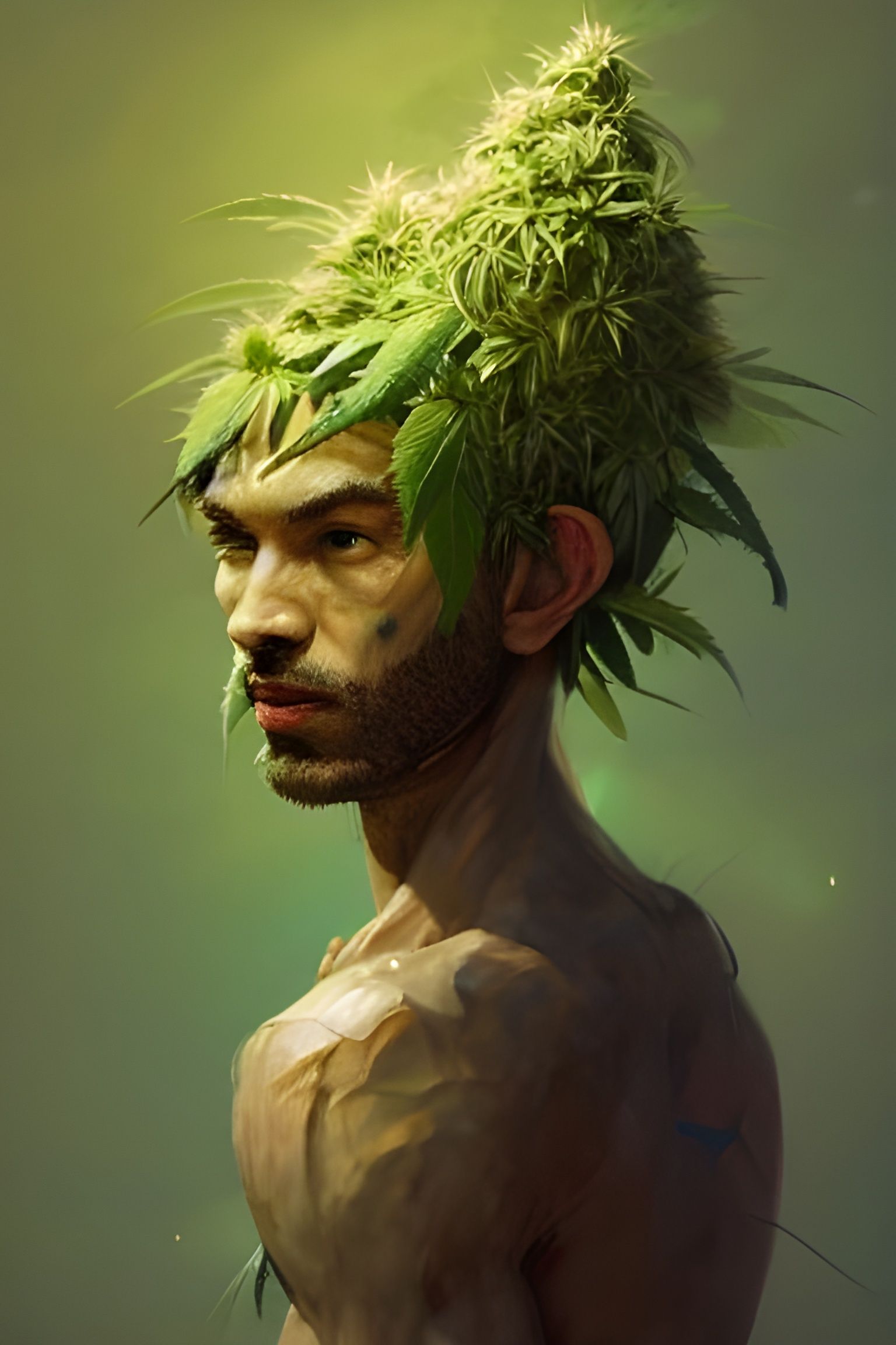 Hemp Man with Cannabis Bloom Head, Digital Art