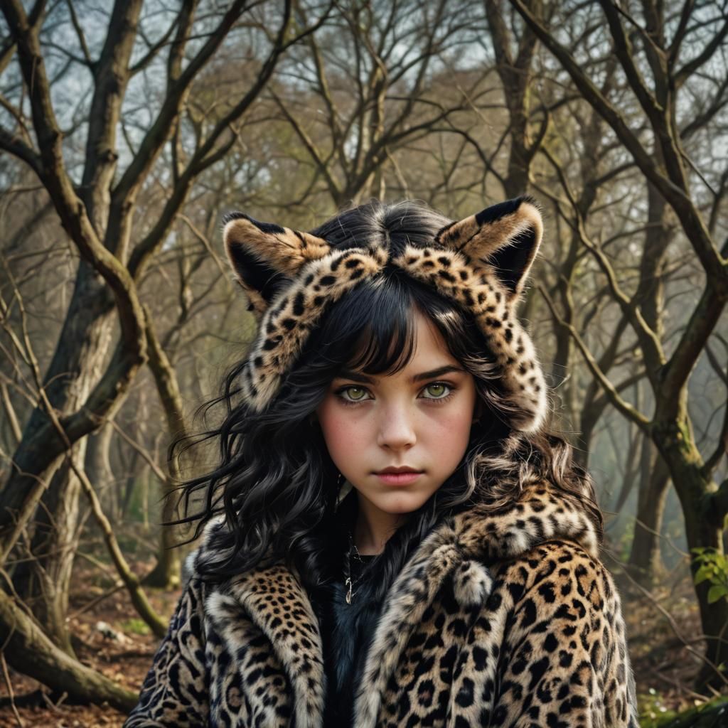 Girl with Panther Ears in Hyperrealistic Portrait
