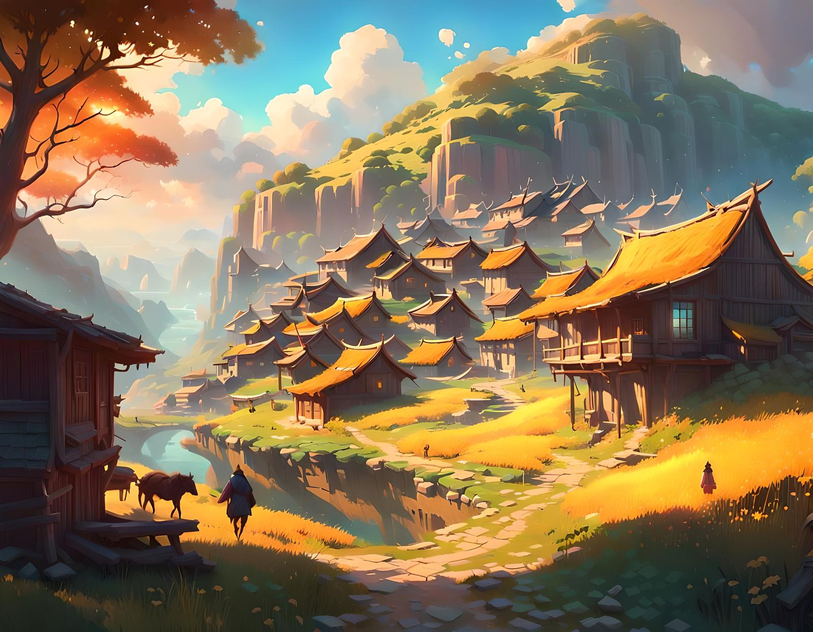 Ethereal Glow Over Rustic Village: Fantasy Digital Painting