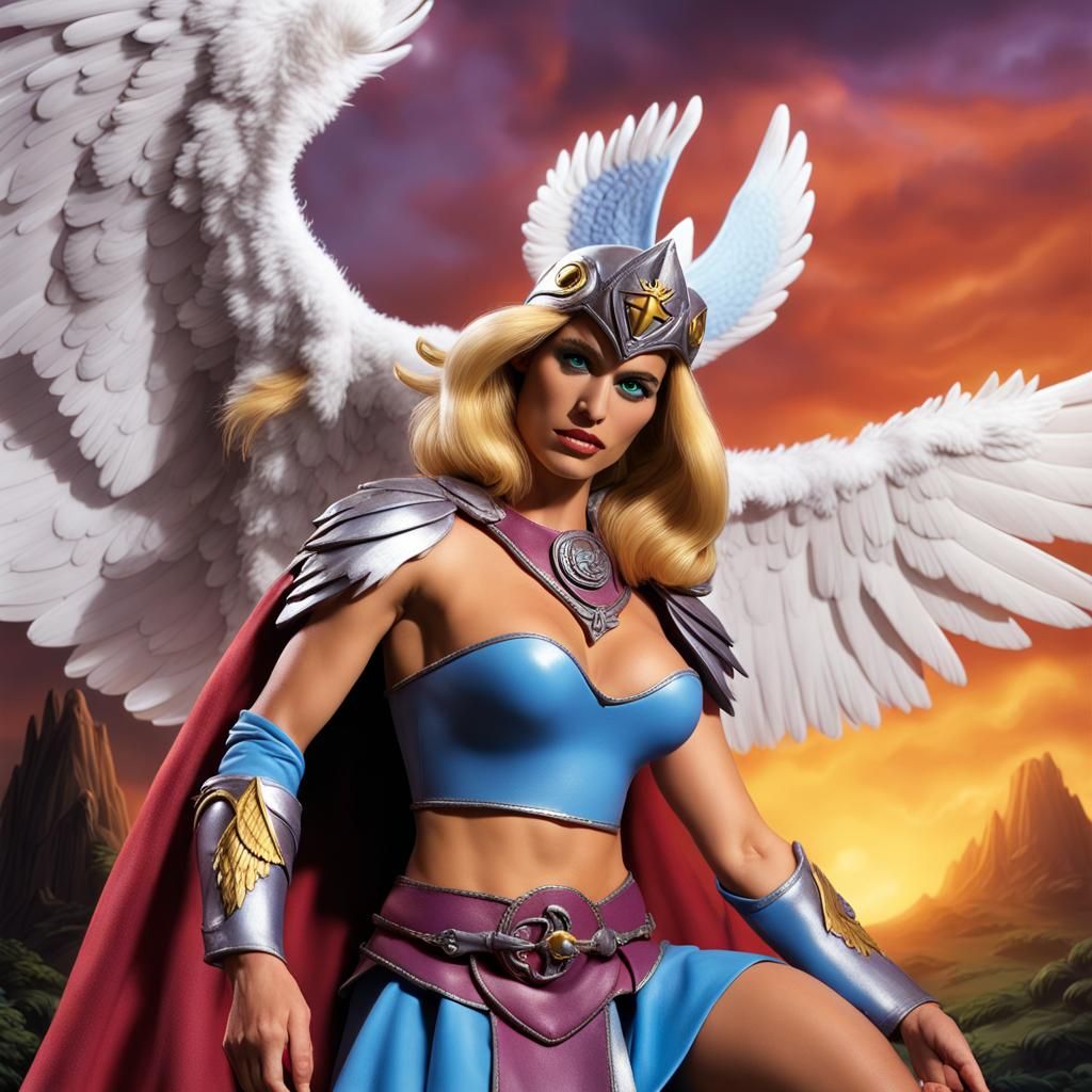 "Generate a photorealistic image of Princess Sorceress from Castle Grayskull in her majestic eagle-themed attire. Ensure...