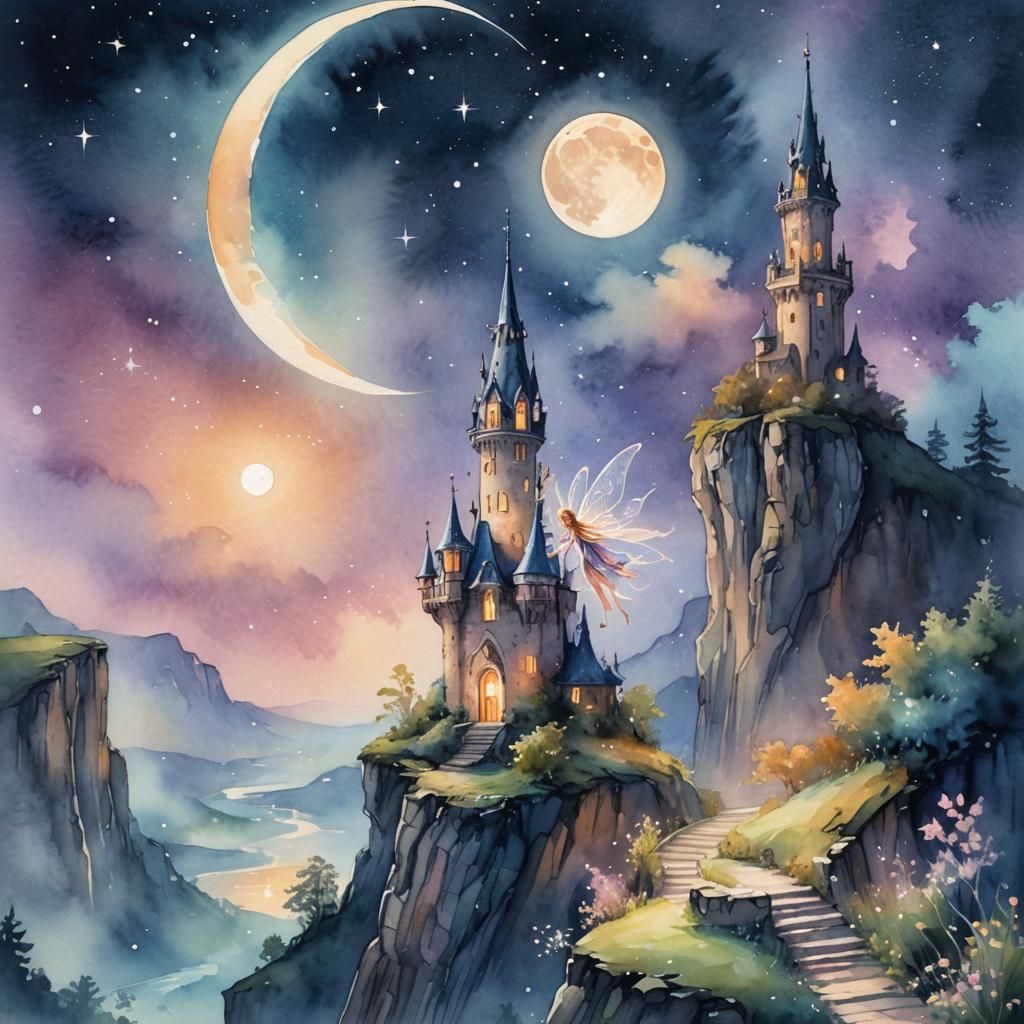 Fairy at Cliff Edge Gazing at Moon Tower
