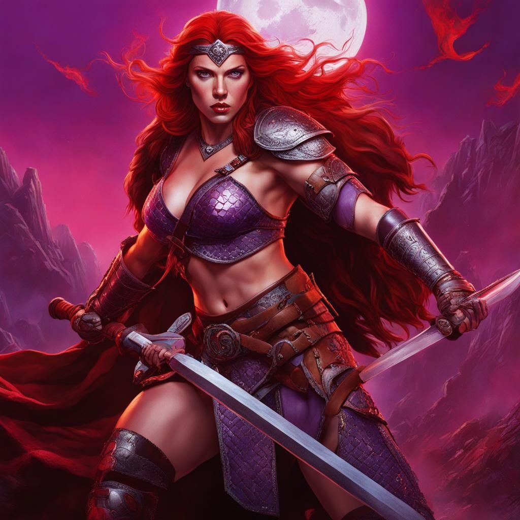 Red Sonja in Violet Moonlight: Hyperrealistic Battle Scene