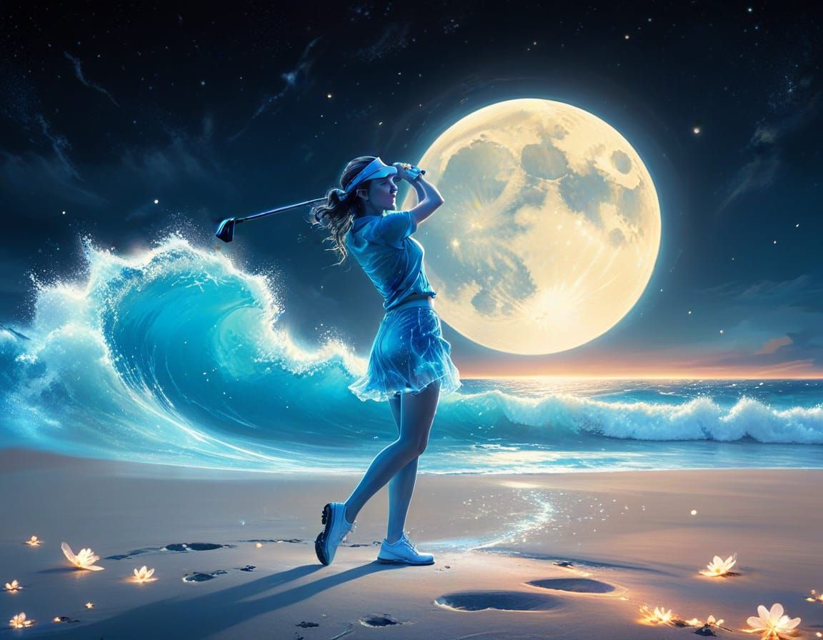 Translucent Golfer Swings on Bioluminescent Beach