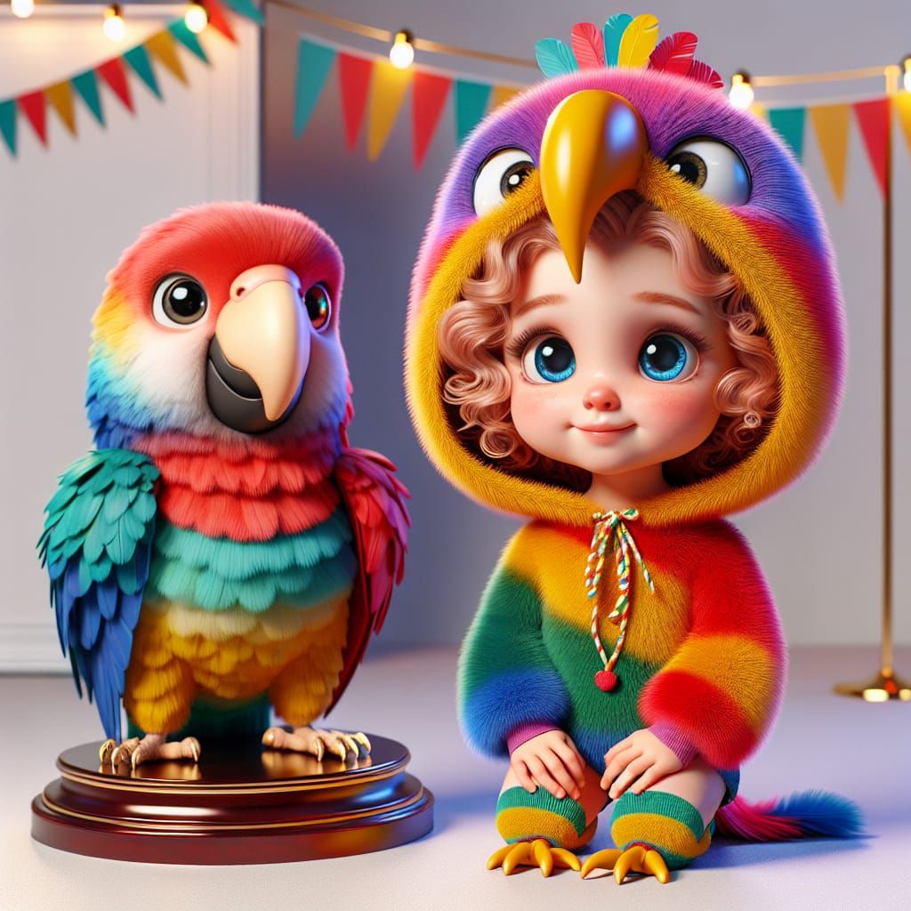 Disney Pixar style 3D adorable little girl in a parrot costume, with a parrot on a stand, at a birthday party