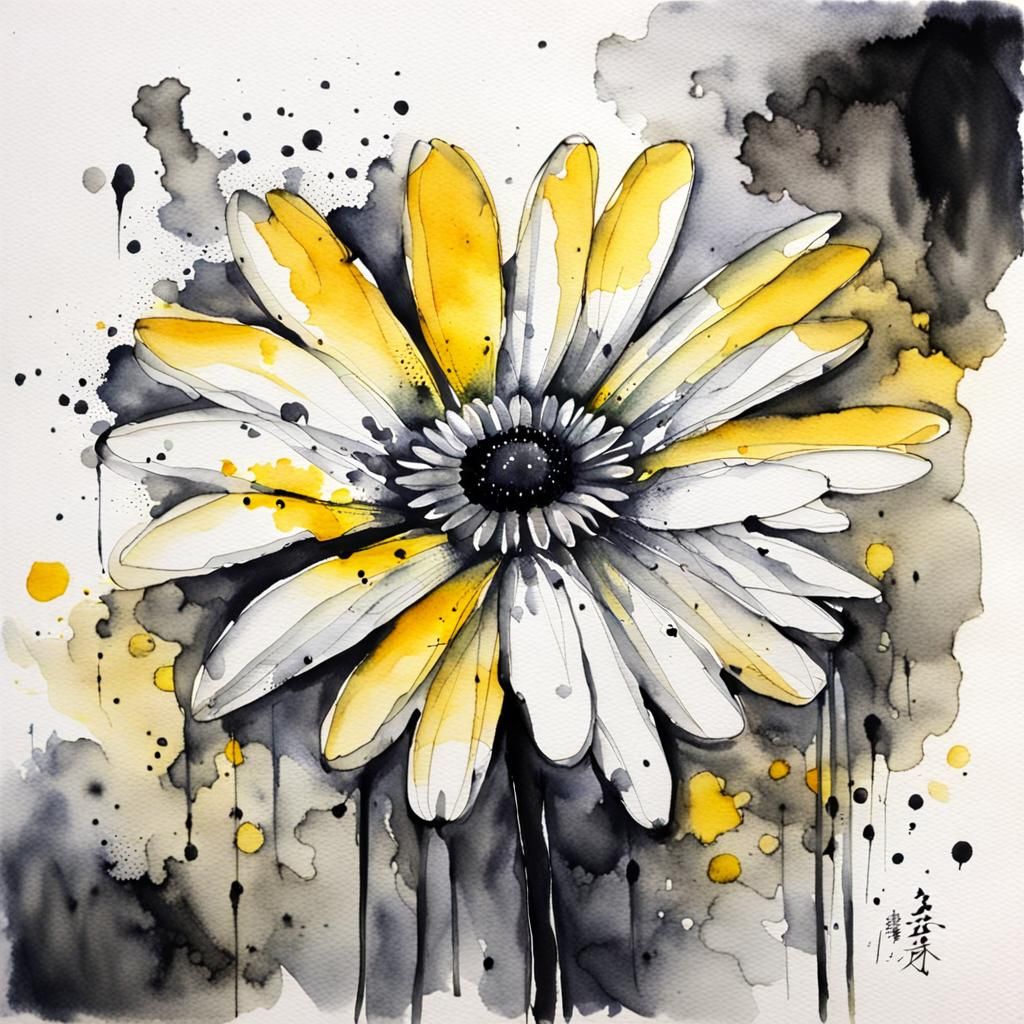 Sad Daisy in Chinese Ink and Watercolor