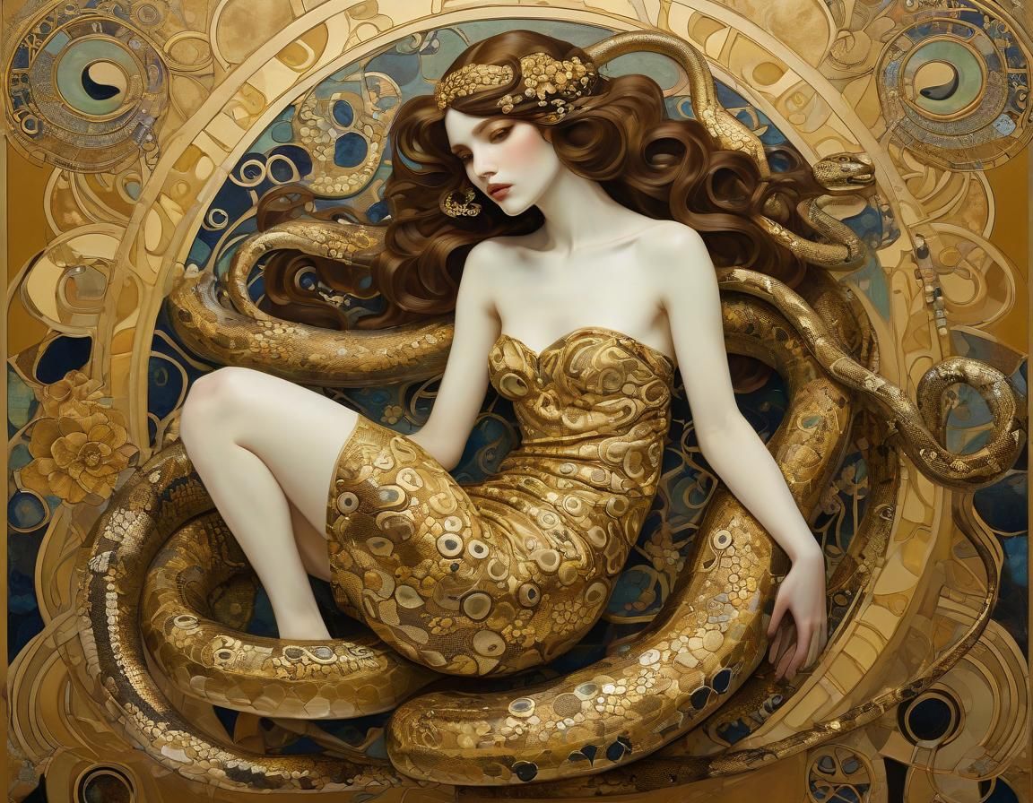 Golden Snake in Art Nouveau Style