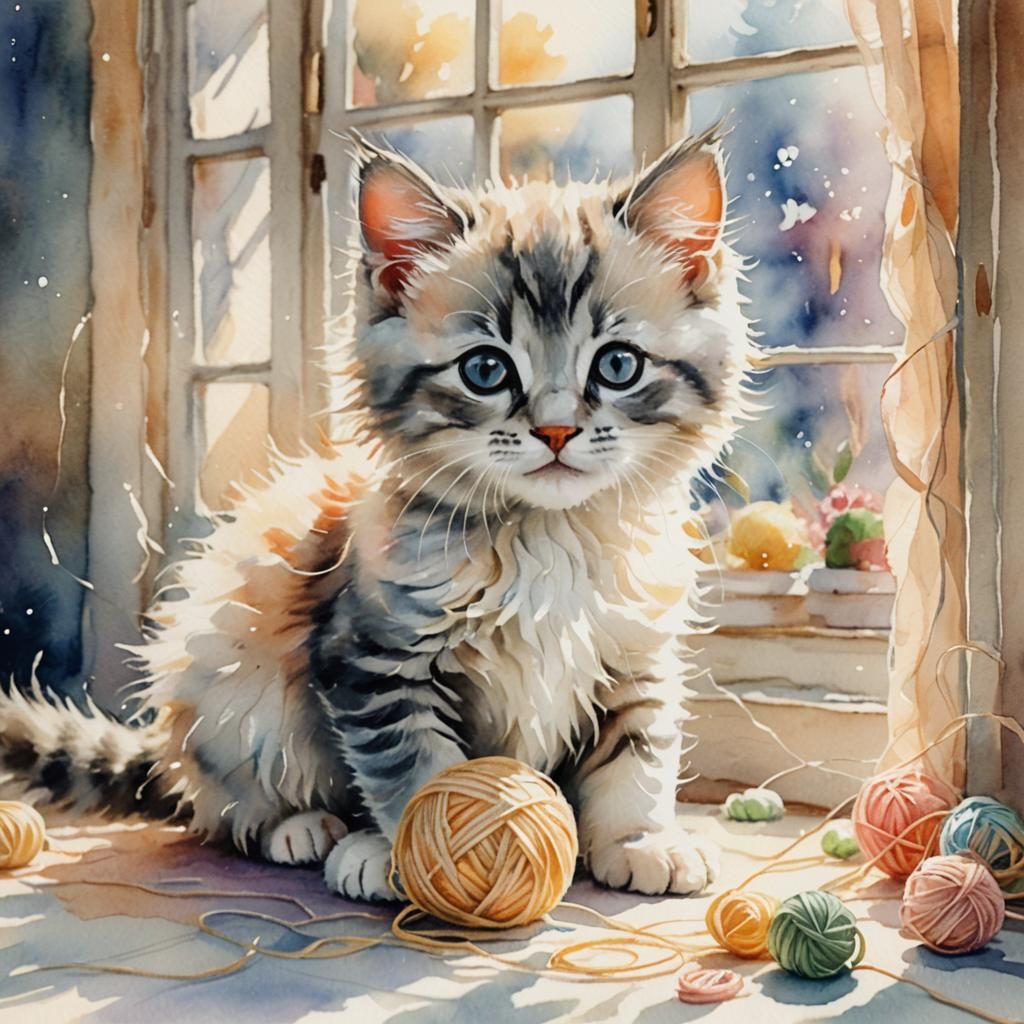 Kitten's Whimsical Yarn Adventure in Watercolor