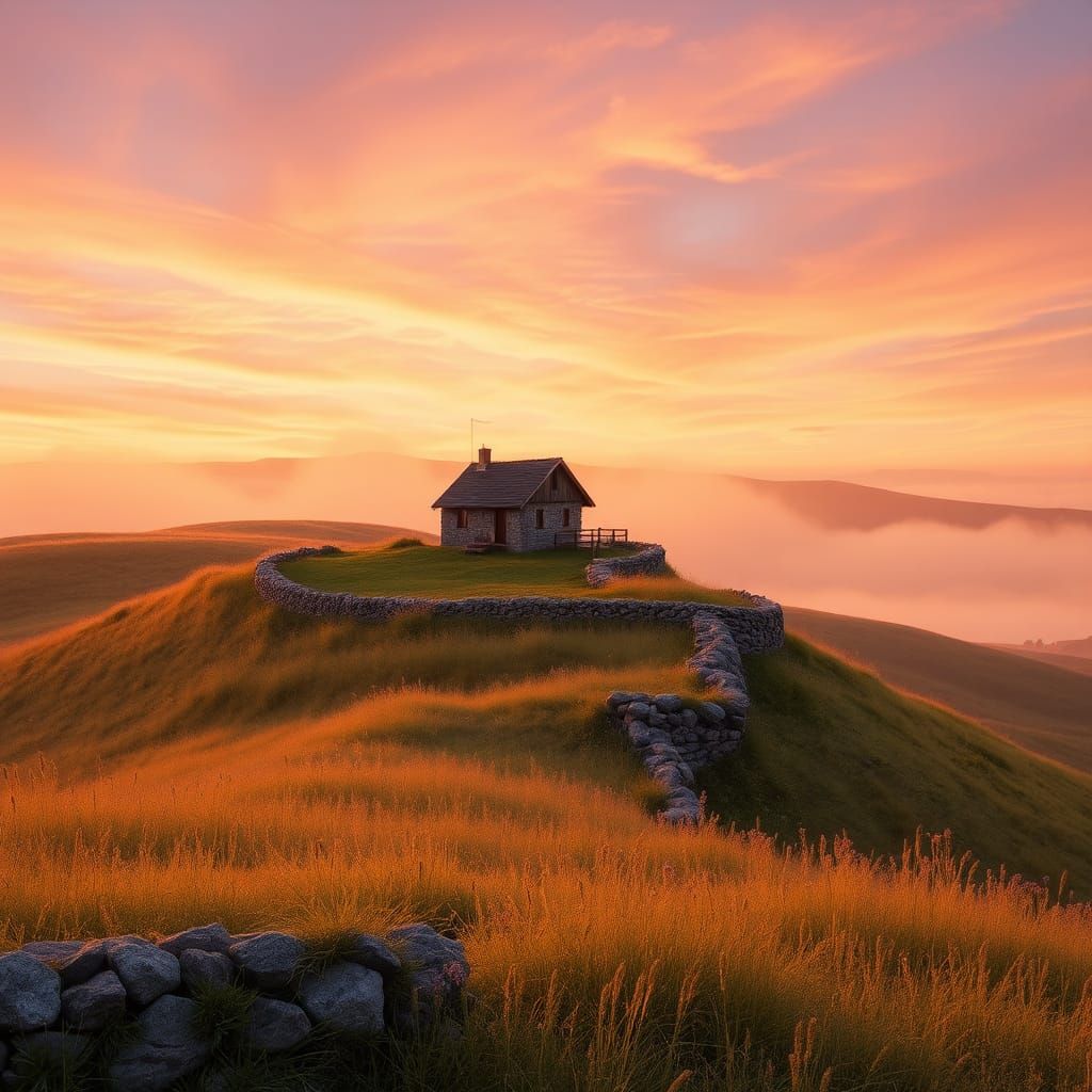 Golden Hour Cottage Amidst Misty Hills, Impressionistic Styl...