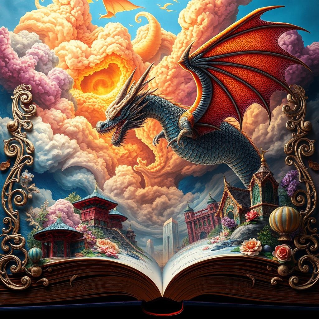 Dragon Soaring from Popup Book in Vibrant World