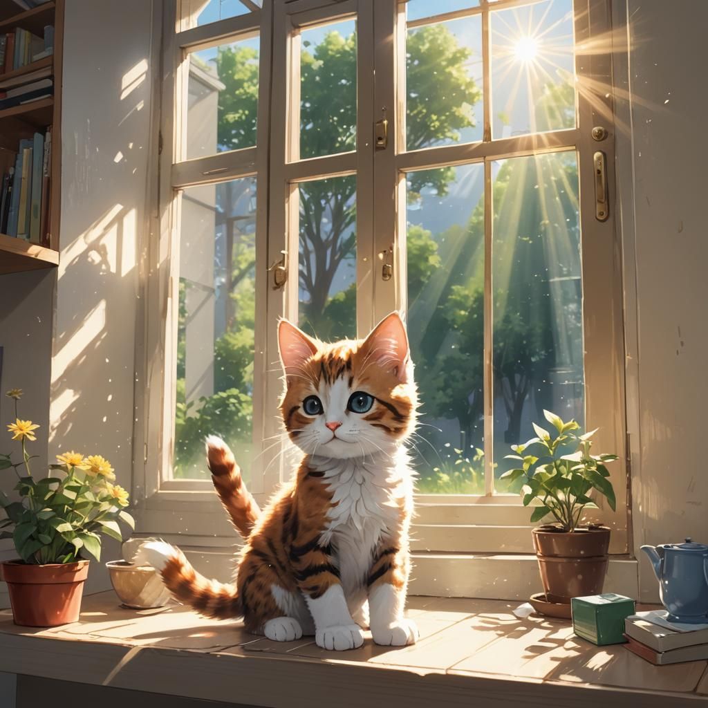 Seven-Tailed Kitten Playing in Sunbeams, Anime Style