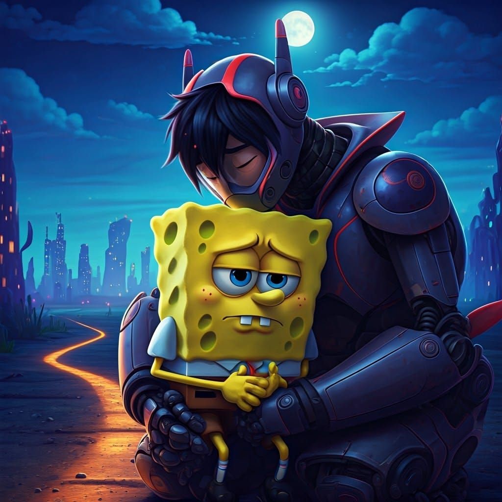 SpongeBob Comforted in Hiro's Arms: Pixar-Style
