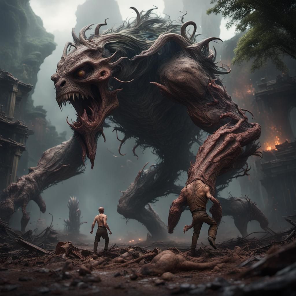 Gigantic Creature Attacks Human in Detailed Matte Painting