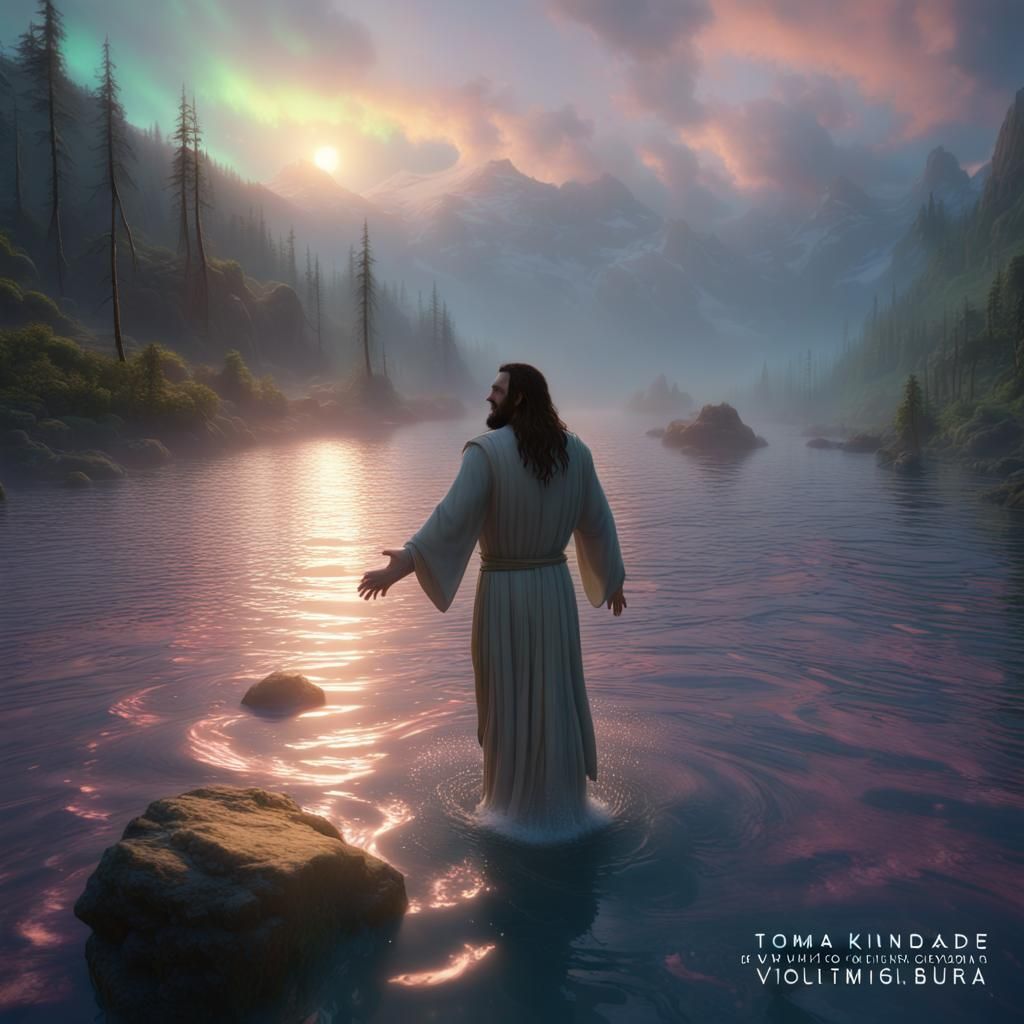 Jesus Walks on Water in Cyberpunk Game Art