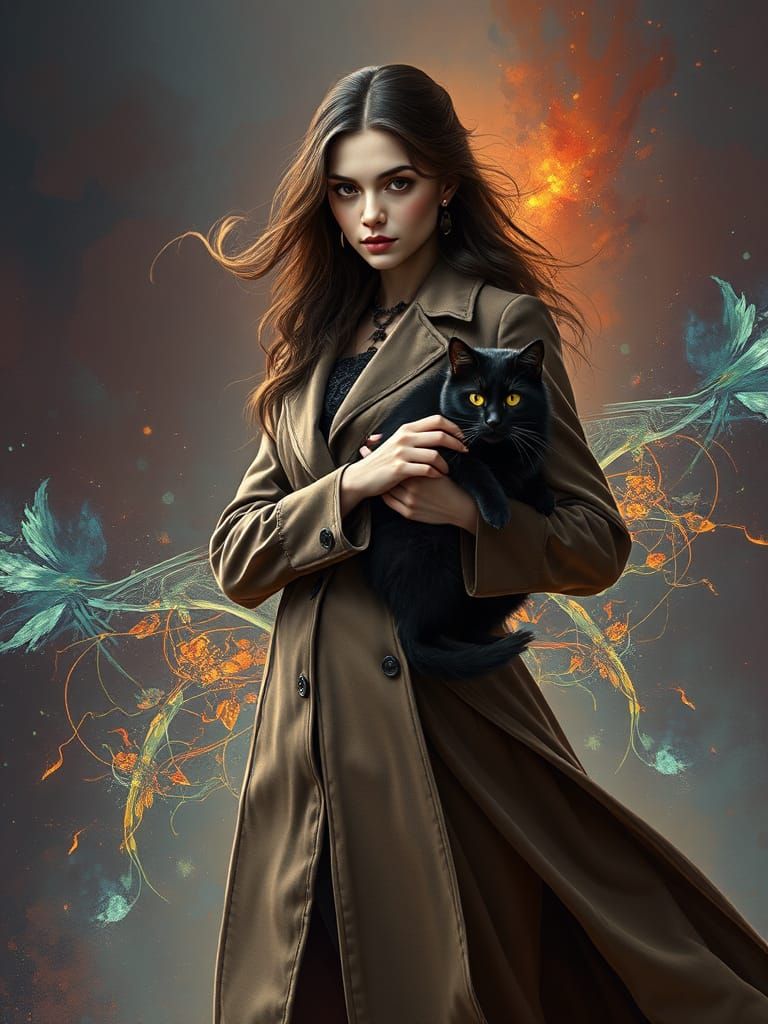 Mystical Woman with Magic Powers and Black Cat