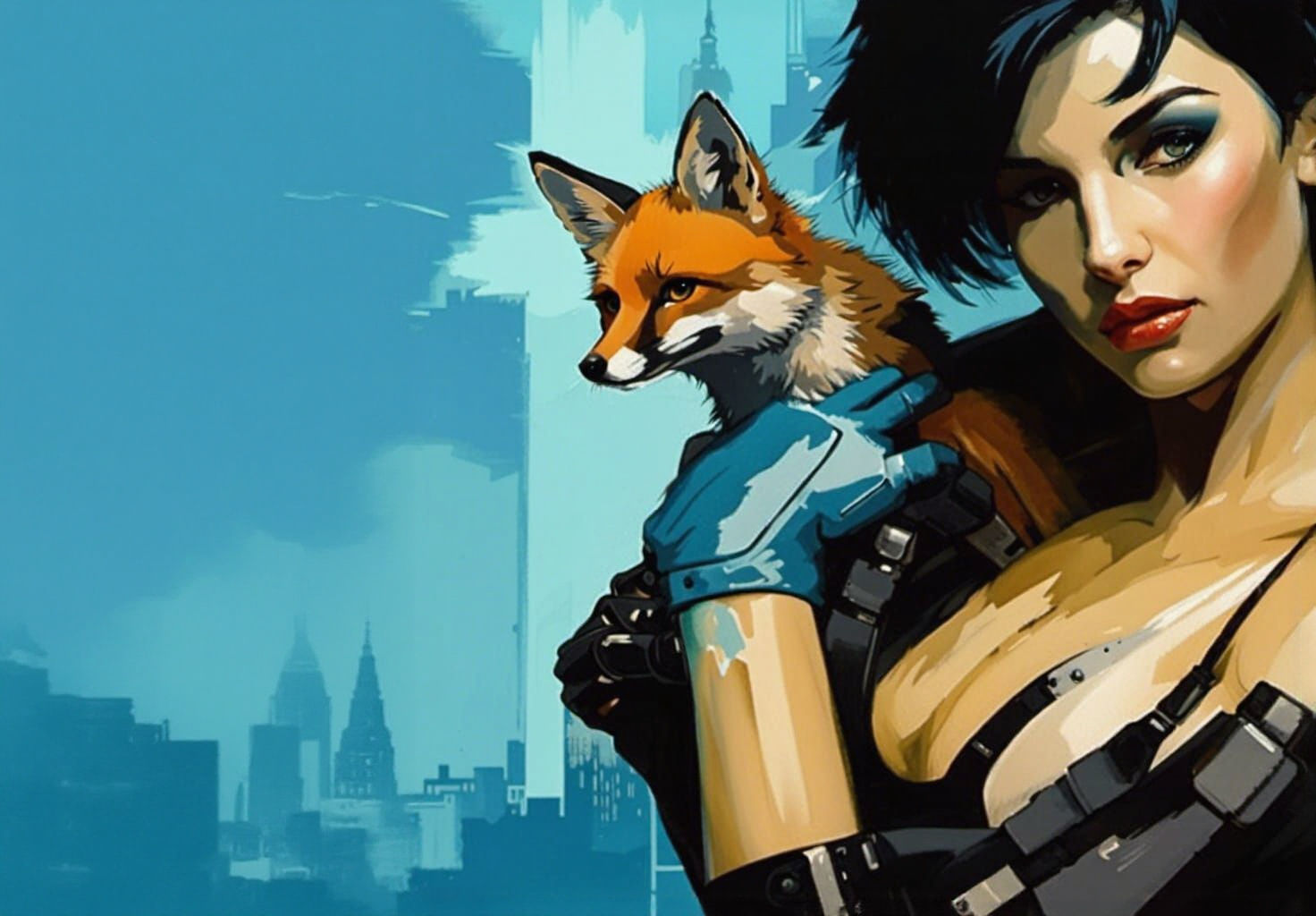 Cyborg Punk Woman with Fox in Cyberpunk Oil Painting