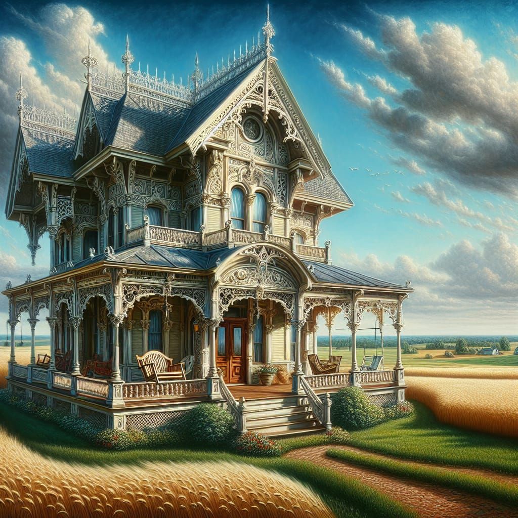 A hyper-realistic, ethereal oil painting of an old Victorian Style country house with a wraparound porch and porch swing...