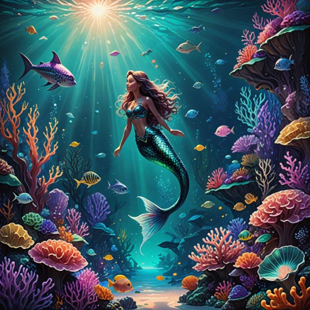 Emerald Mermaids Bask in Sunlit Oceanic Paradise