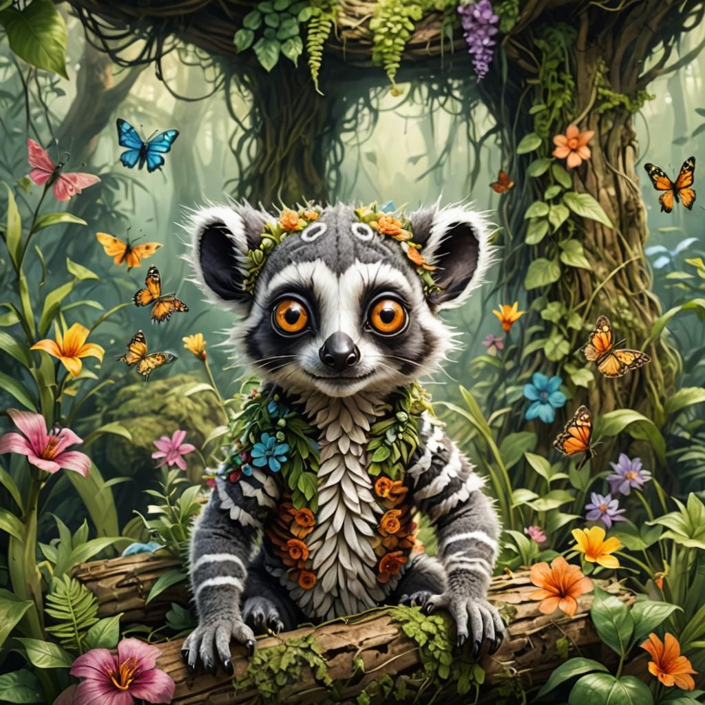 Chibi Straw Lemur Portrait in a Forest