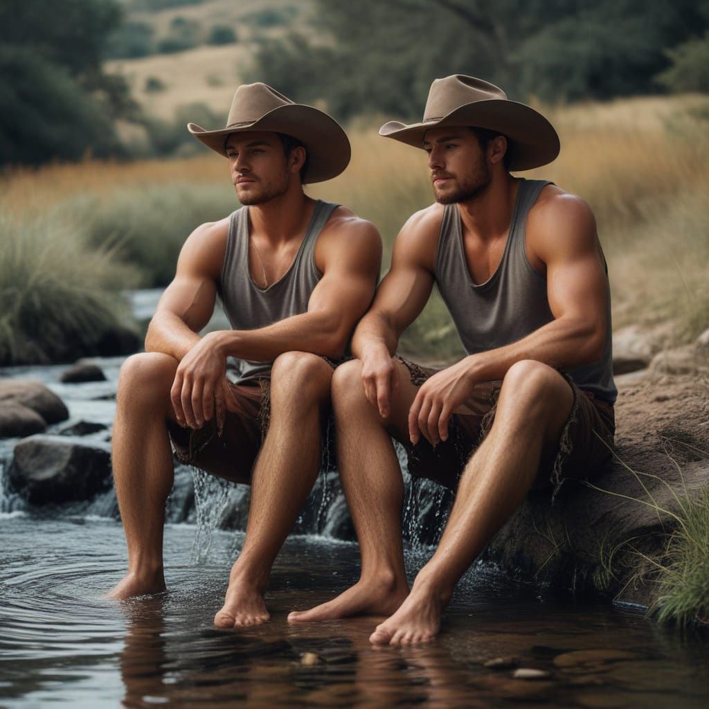 Two Handsome Cowboys Relax by a Serene Stream in a Panoramic...