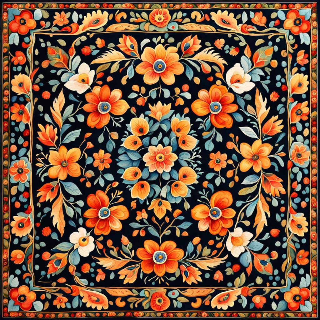 Vibrant Khokhloma Carpet in Watercolor Cartoon Style