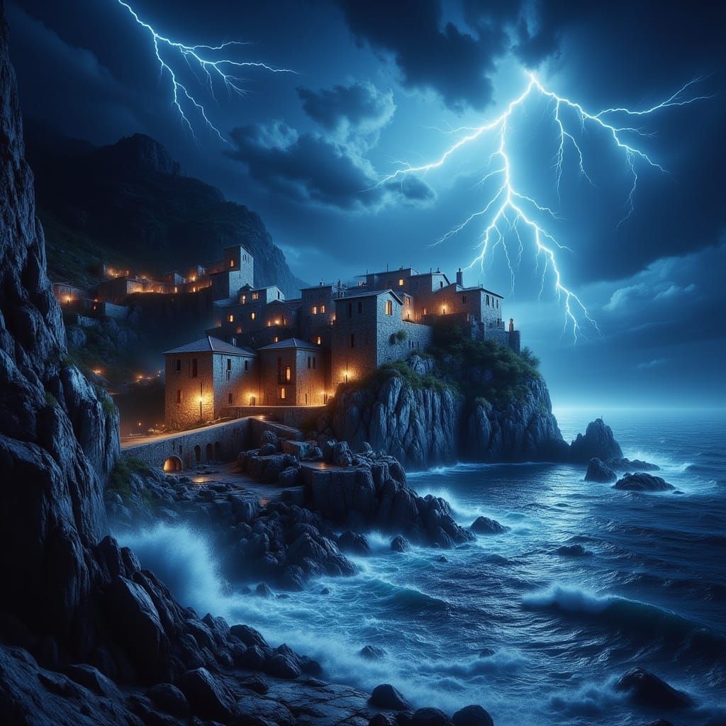 Surreal Italian Village Under Stormy Night Sky