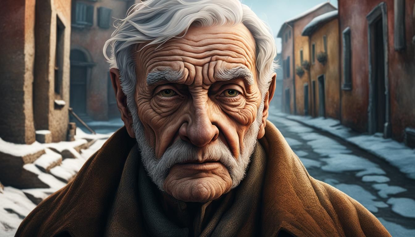 Hyperrealistic Old Man in Abandoned Italian Town