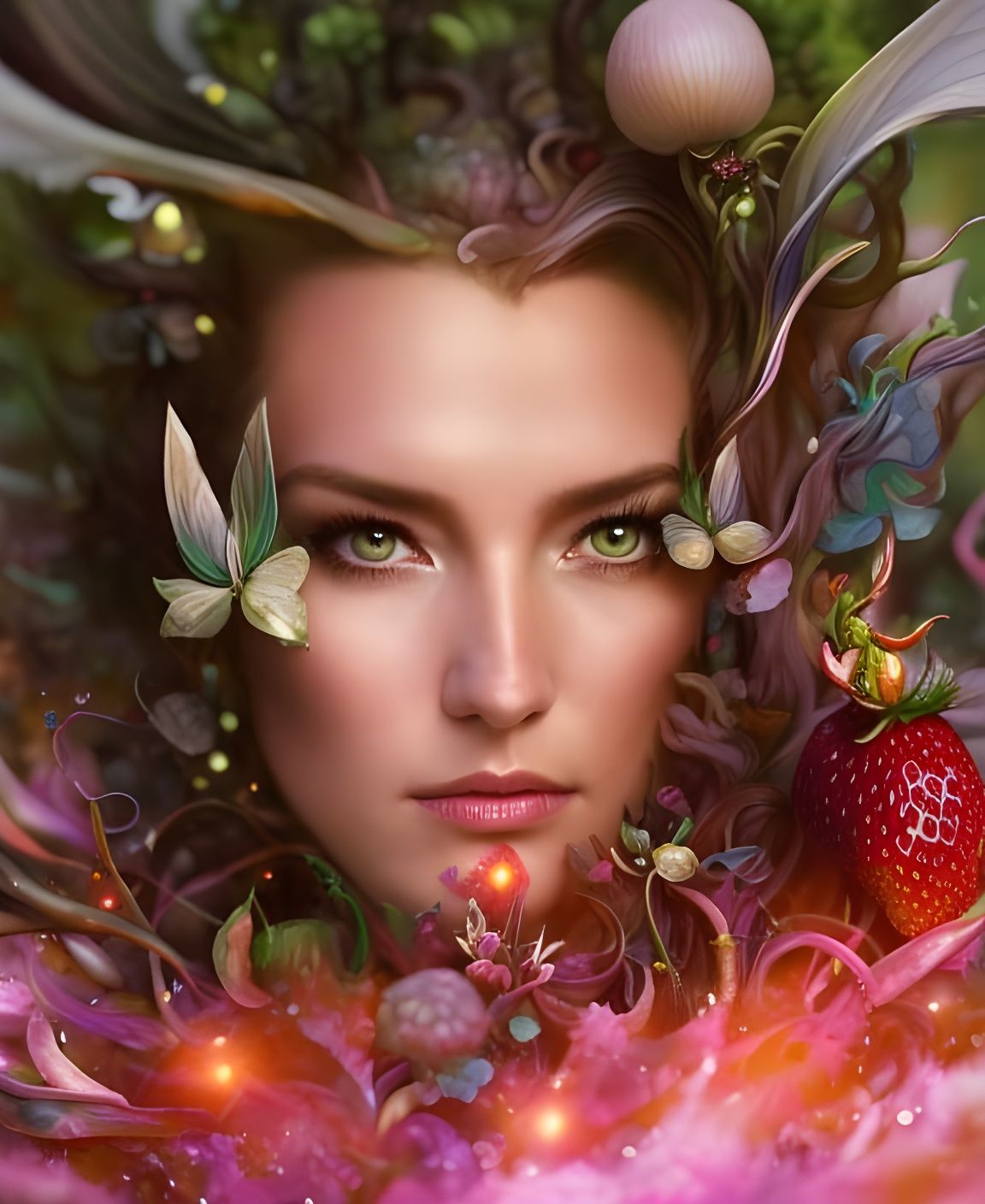 Chibi Strawberry Goddess in Fantasy Mushroom Forest