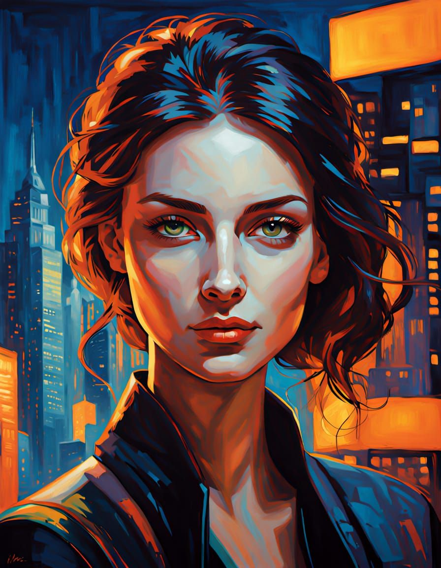 Enigmatic Modern Woman in Neon Metropolis