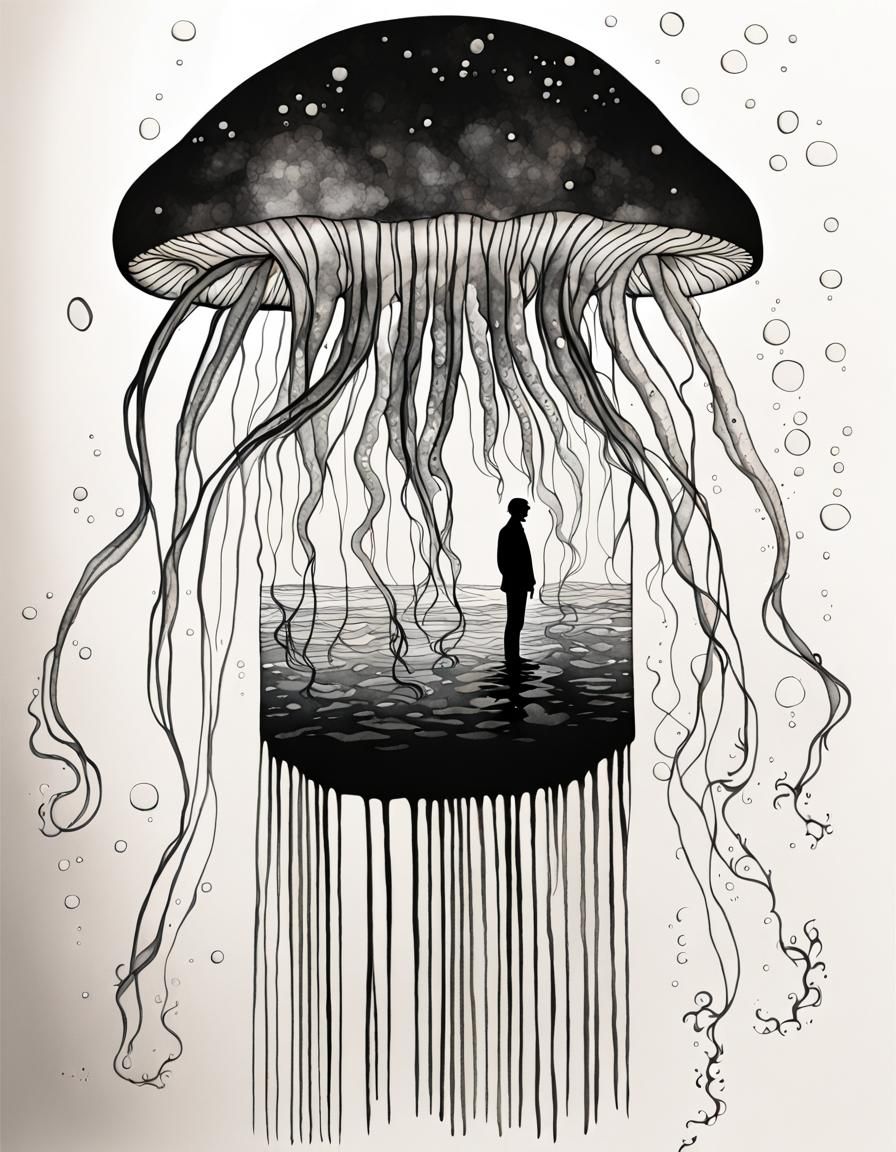 Bioluminescent Jellyfish Silhouette in Mixed Media