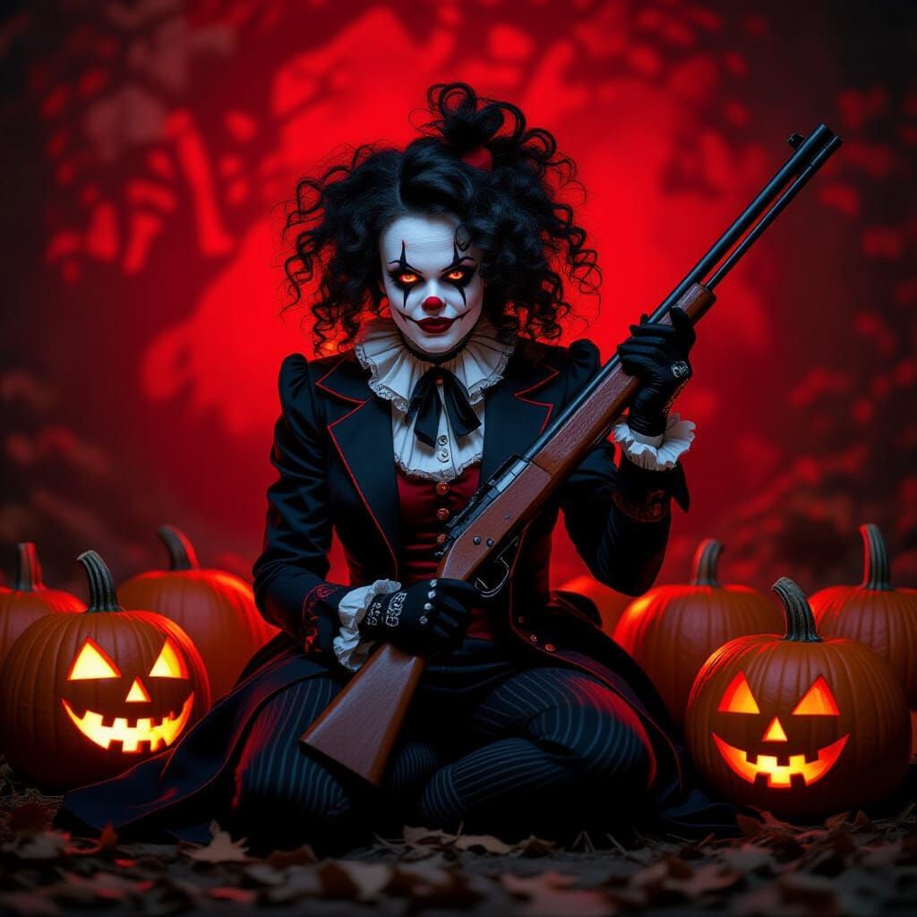 Gothic Clown Woman with Pumpkins in 80s Style Photography